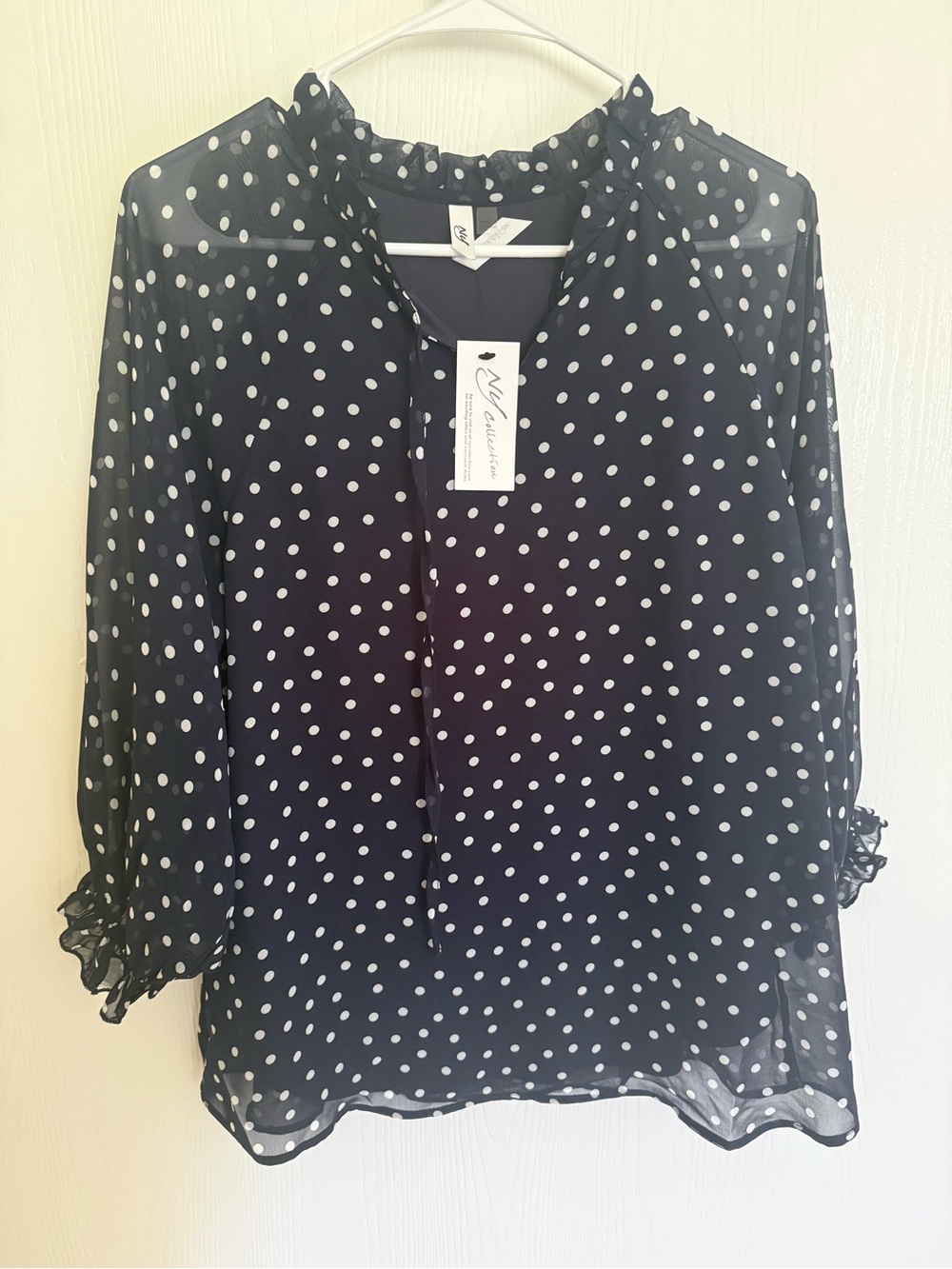 NWT NY Collection Black Polka Dot Ruffle Neck Blouse